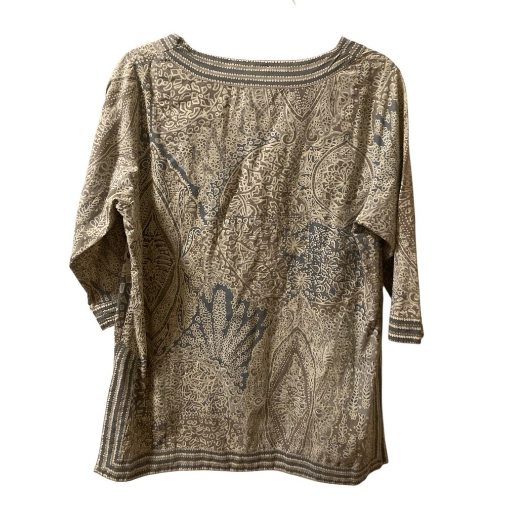 Gretchen Scott Tunic Top Cotton Gray Brown Boho 3/4 Sleeve Notch Neck M - Picture 2 of 7
